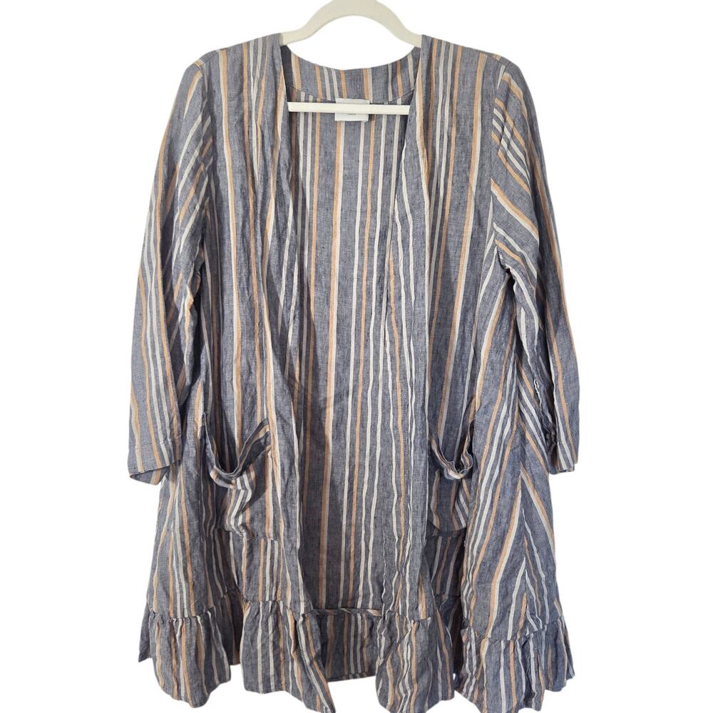 Wrap London Linen Striped Cardigan Pocket Ruffle Hem Lagenlook Boho Casual US 10